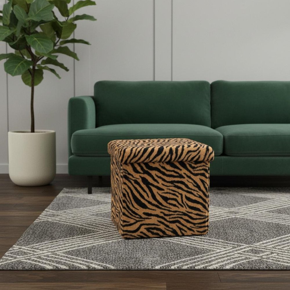 15" Tan and Black Faux Fur Tiger Storage Ottoman