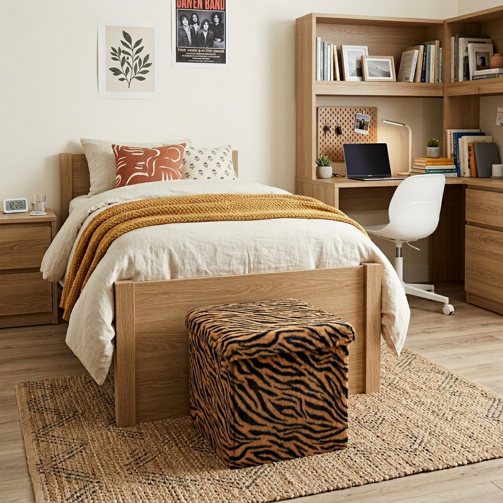 15" Tan and Black Faux Fur Tiger Storage Ottoman