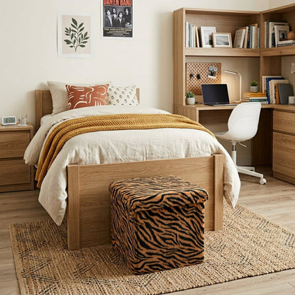 15" Tan and Black Faux Fur Tiger Storage Ottoman