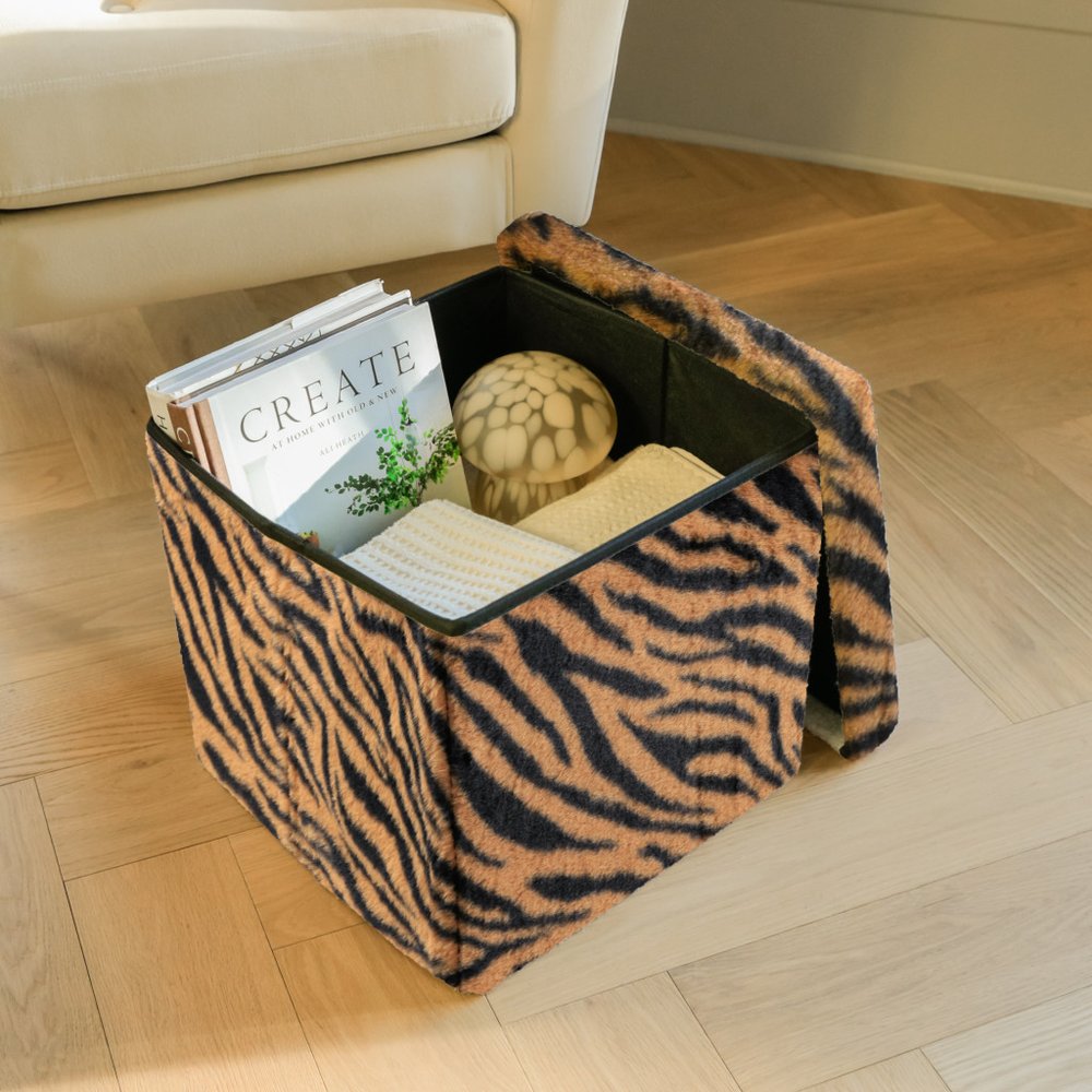 15" Tan and Black Faux Fur Tiger Storage Ottoman