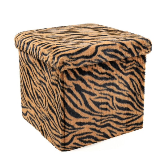 15" Tan and Black Faux Fur Tiger Storage Ottoman