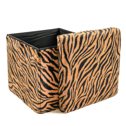 15" Tan and Black Faux Fur Tiger Storage Ottoman