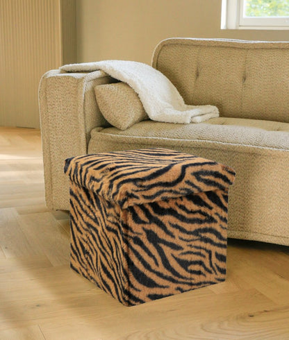 15" Tan and Black Faux Fur Tiger Storage Ottoman