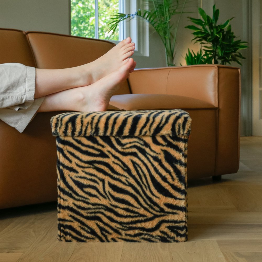 15" Tan and Black Faux Fur Tiger Storage Ottoman