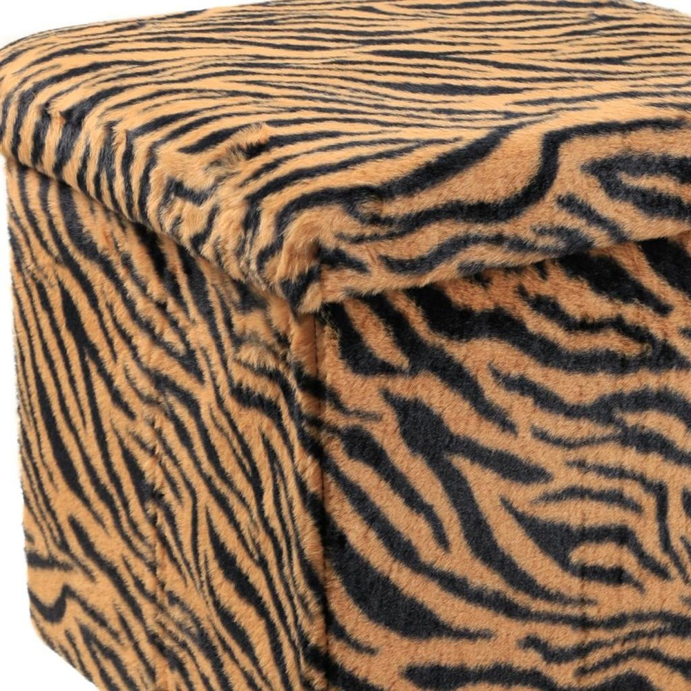 15" Tan and Black Faux Fur Tiger Storage Ottoman