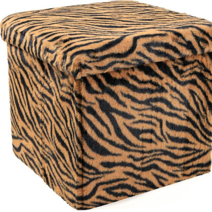 15" Tan and Black Faux Fur Tiger Storage Ottoman