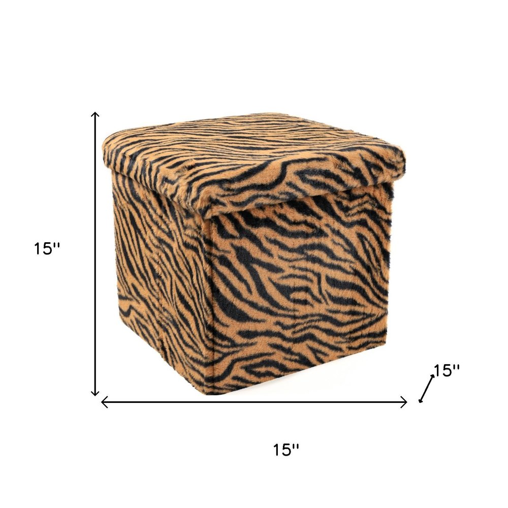 15" Tan and Black Faux Fur Tiger Storage Ottoman