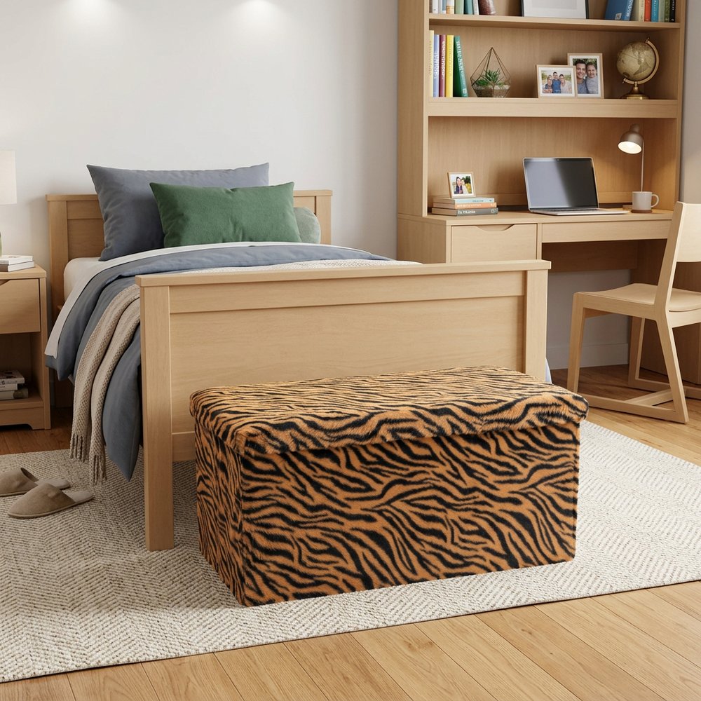 30" Black and Tan Faux Fur Tiger Storage Ottoman
