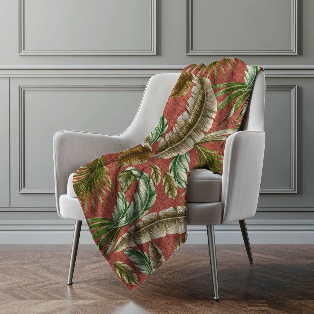 50" X 70" Rust Green And Beige Leaves Microfiber Plush Throw Blanket