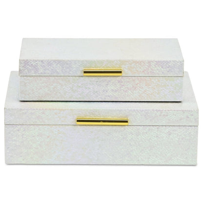 Set of Two White And Gold Faux Shagreen Nesting Storage Boxes With Lids