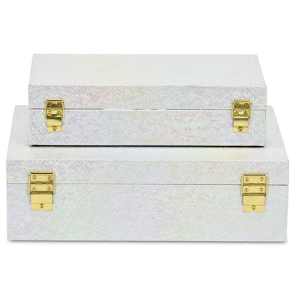 Set of Two White And Gold Faux Shagreen Nesting Storage Boxes With Lids