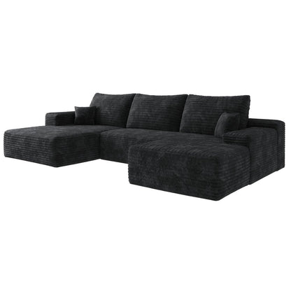 135" Black Corduroy Modular Universal Sofa With Ottoman And Toss Pillows