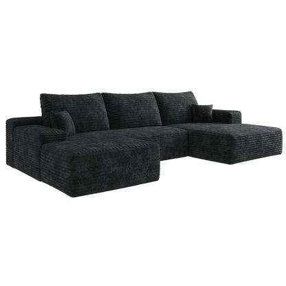 135" Black Corduroy Modular Universal Sofa With Ottoman And Toss Pillows