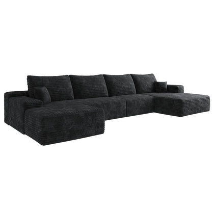 135" Black Corduroy Modular Universal Sofa With Ottoman And Toss Pillows