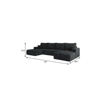135" Black Corduroy Modular Universal Sofa With Ottoman And Toss Pillows