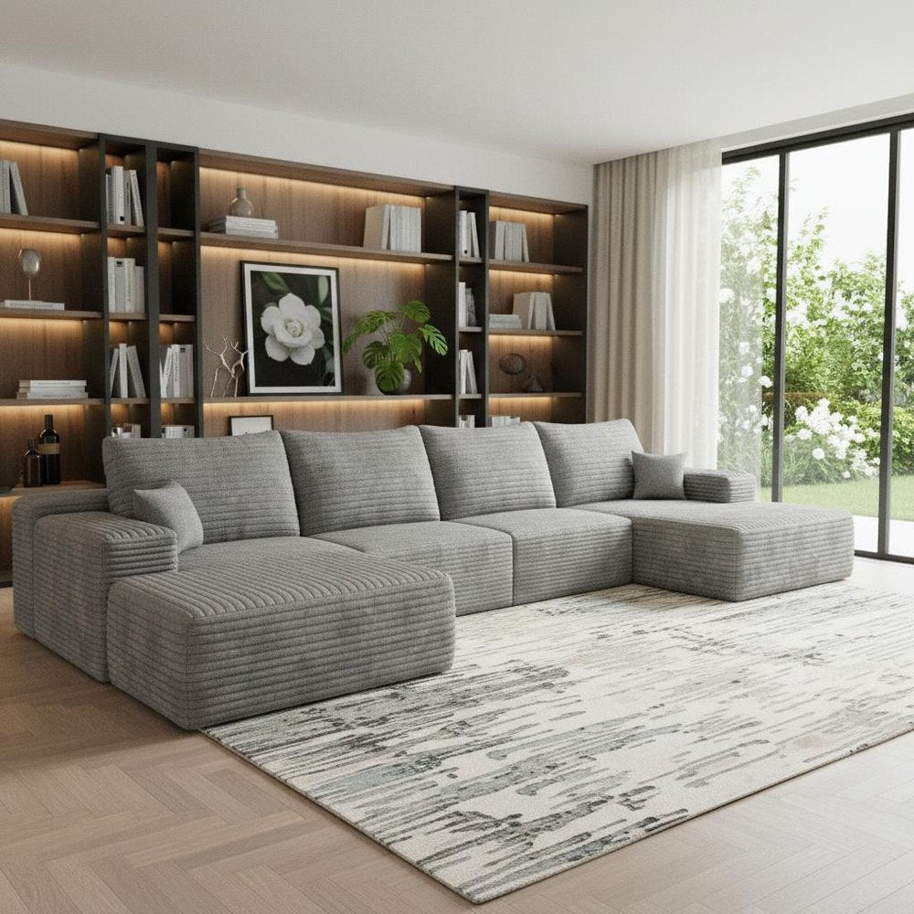 135" Gray Corduroy Modular Universal Sofa With Ottoman And Toss Pillows