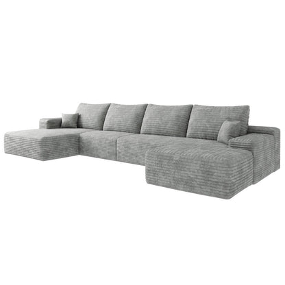 135" Gray Corduroy Modular Universal Sofa With Ottoman And Toss Pillows
