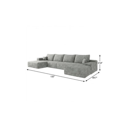 135" Gray Corduroy Modular Universal Sofa With Ottoman And Toss Pillows