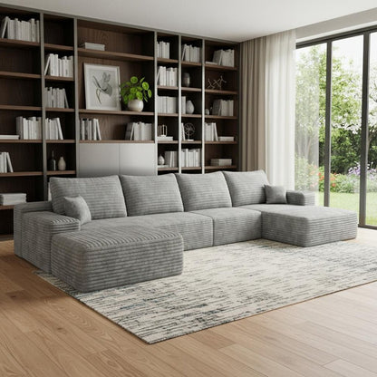 135" Gray Corduroy Modular Universal Sofa With Ottoman And Toss Pillows
