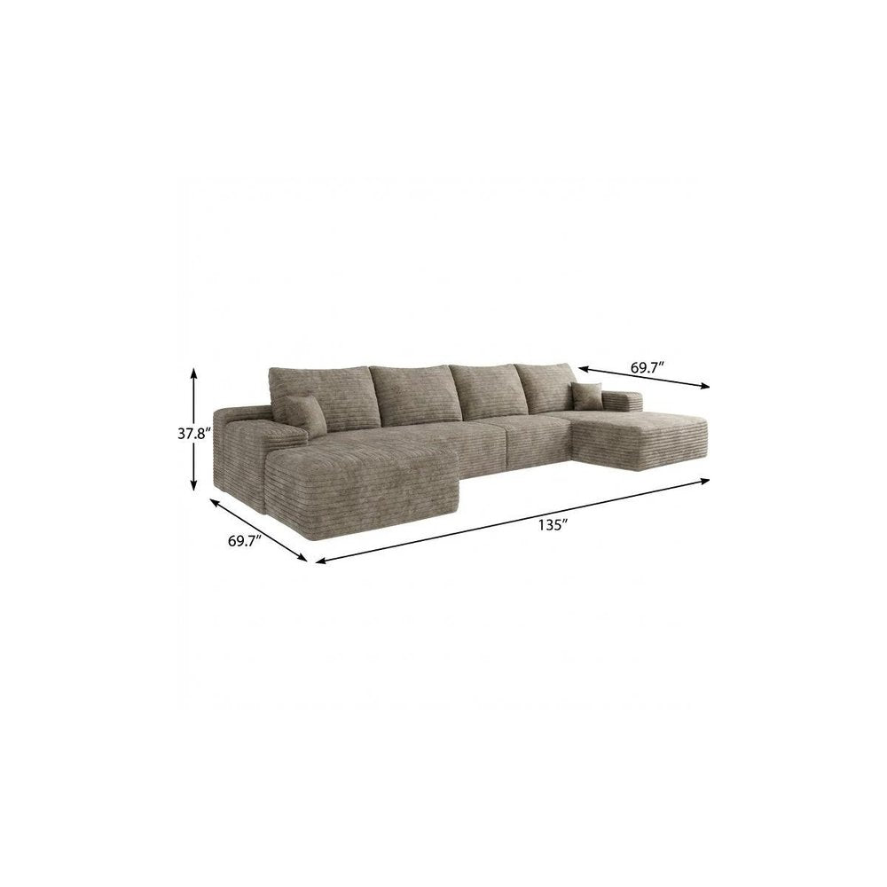 135" Camel Corduroy Modular Universal Sofa With Ottoman And Toss Pillows