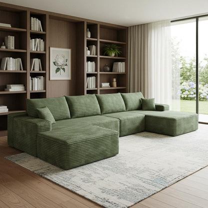 135" Green Corduroy Modular Universal Sofa With Ottoman And Toss Pillows