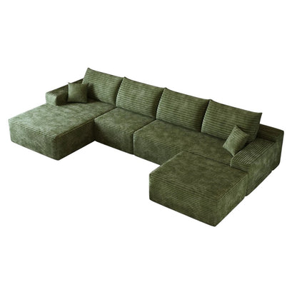 135" Green Corduroy Modular Universal Sofa With Ottoman And Toss Pillows