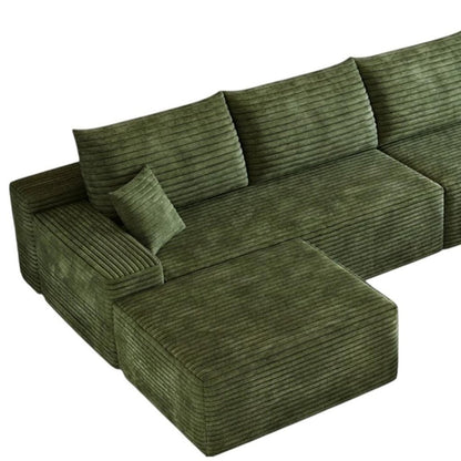 135" Green Corduroy Modular Universal Sofa With Ottoman And Toss Pillows