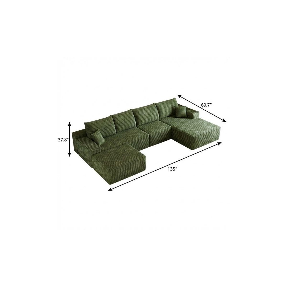 135" Green Corduroy Modular Universal Sofa With Ottoman And Toss Pillows
