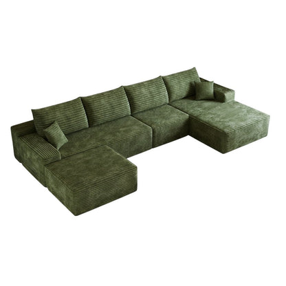 135" Green Corduroy Modular Universal Sofa With Ottoman And Toss Pillows