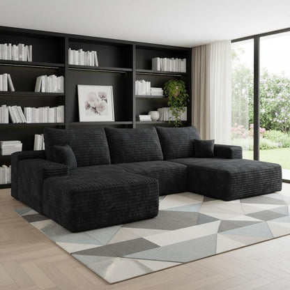107" Black Corduroy Modular Universal Sofa With Ottoman And Toss Pillows