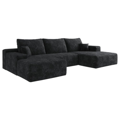 107" Black Corduroy Modular Universal Sofa With Ottoman And Toss Pillows