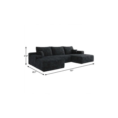 107" Black Corduroy Modular Universal Sofa With Ottoman And Toss Pillows