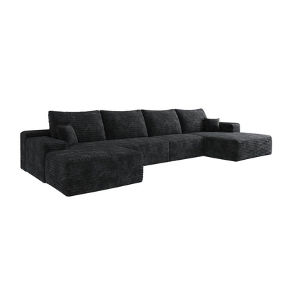 107" Black Corduroy Modular Universal Sofa With Ottoman And Toss Pillows