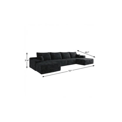107" Black Corduroy Modular Universal Sofa With Ottoman And Toss Pillows