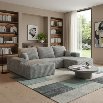 107" Gray Corduroy Modular Universal Sofa With Ottoman And Toss Pillows