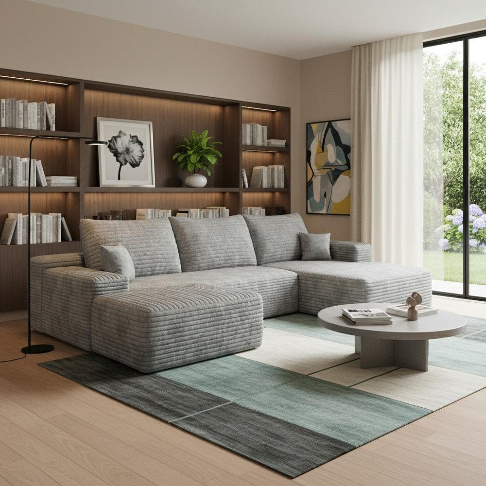 107" Gray Corduroy Modular Universal Sofa With Ottoman And Toss Pillows