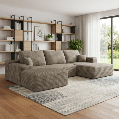 107" Camel Corduroy Modular Universal Sofa With Ottoman And Toss Pillows