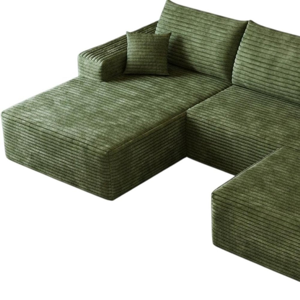 107" Green Corduroy Modular Universal Sofa With Ottoman And Toss Pillows