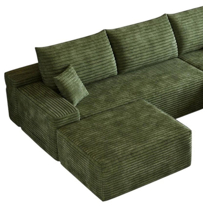 107" Green Corduroy Modular Universal Sofa With Ottoman And Toss Pillows