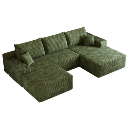107" Green Corduroy Modular Universal Sofa With Ottoman And Toss Pillows