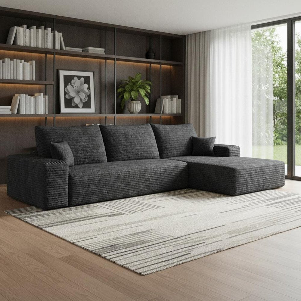 107" Black Corduroy Modular Universal Sofa With Toss Pillows