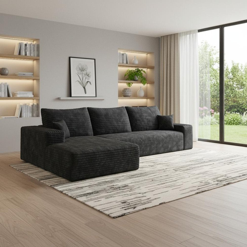 107" Black Corduroy Modular Universal Sofa With Toss Pillows