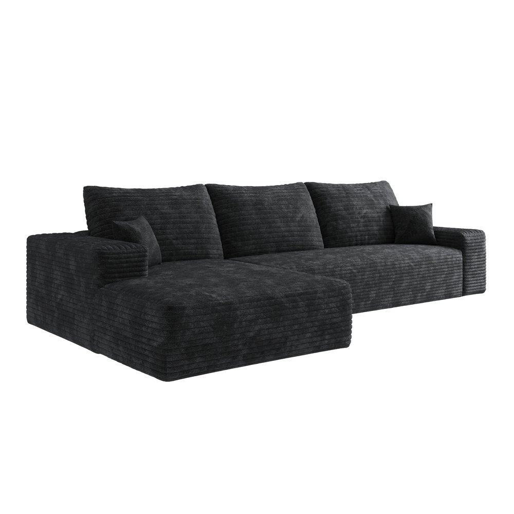 107" Black Corduroy Modular Universal Sofa With Toss Pillows