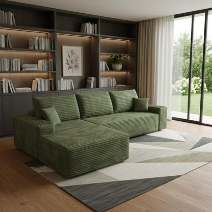 107" Green Corduroy Modular Universal Sofa With Toss Pillows