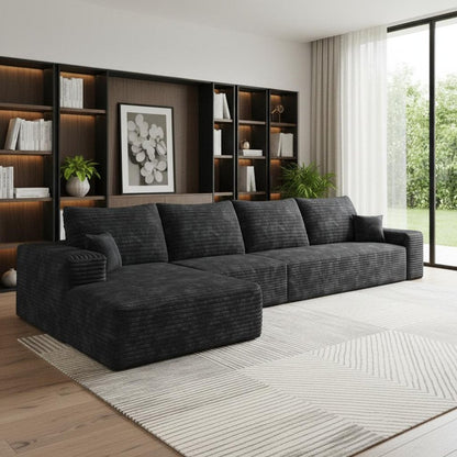 135" Black Corduroy Modular Universal Sofa With Toss Pillows