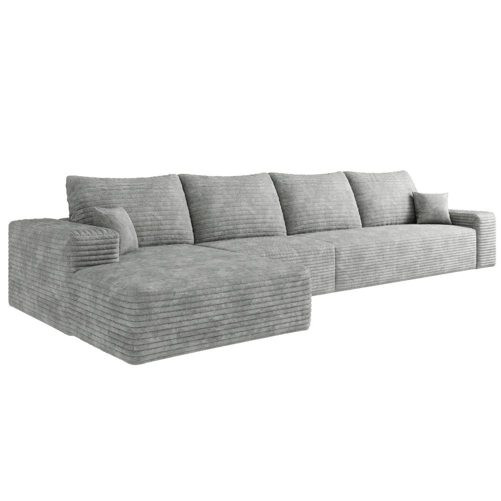135" Gray Corduroy Modular Universal Sofa With Toss Pillows