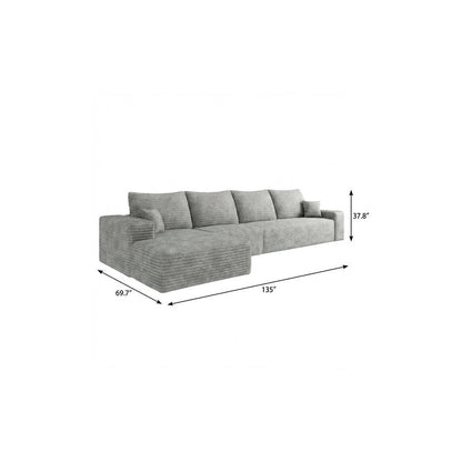 135" Gray Corduroy Modular Universal Sofa With Toss Pillows