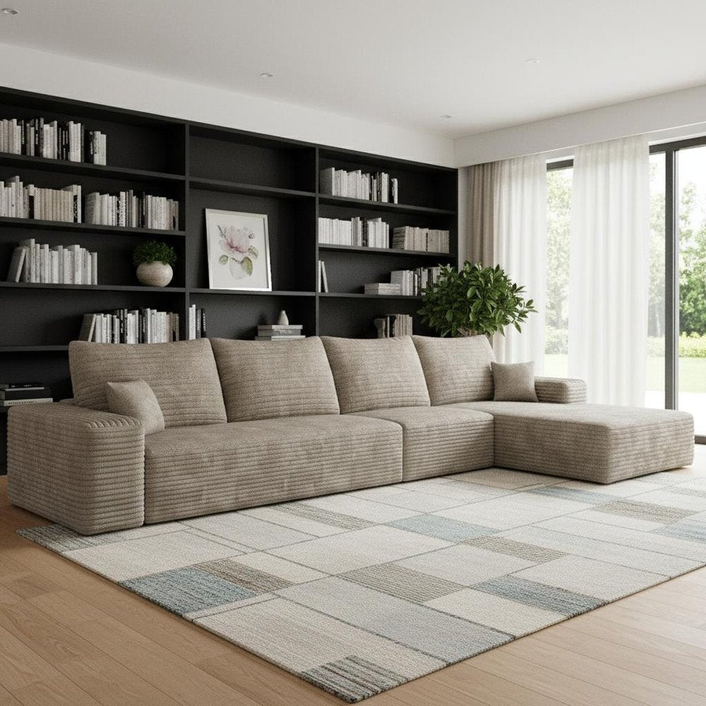 135" Camel Corduroy Modular Universal Sofa With Toss Pillows