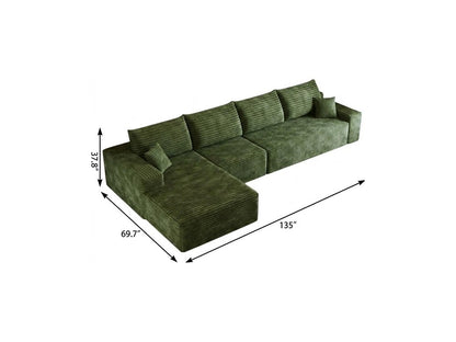 135" Green Corduroy Modular Universal Sofa With Toss Pillows