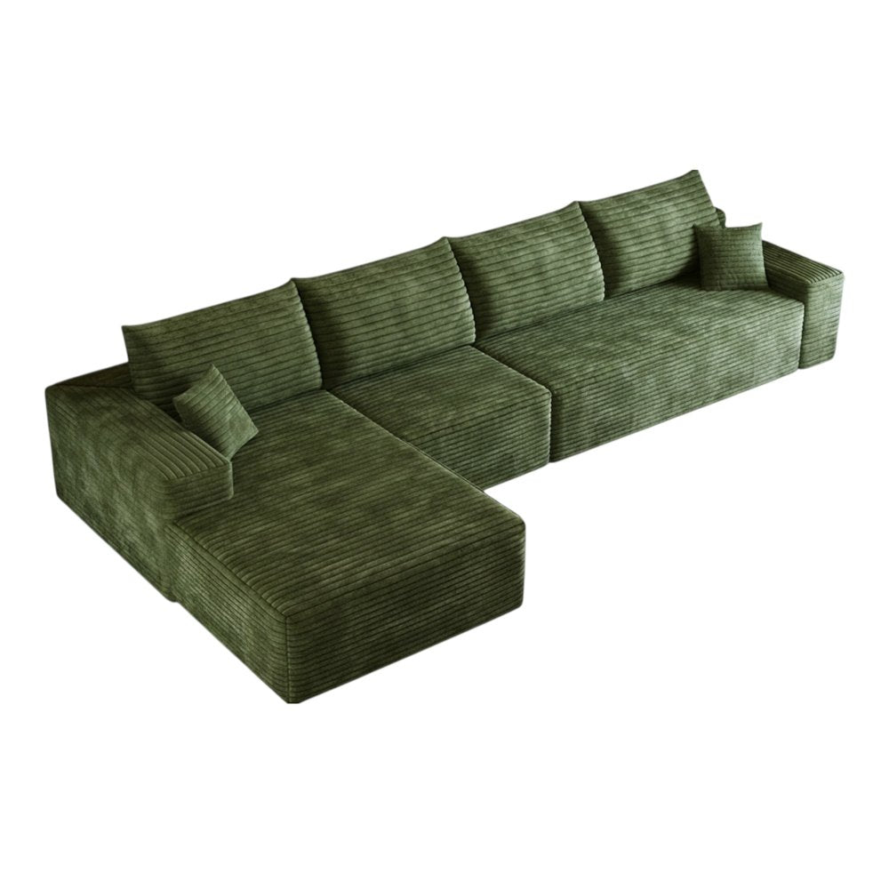 135" Green Corduroy Modular Universal Sofa With Toss Pillows